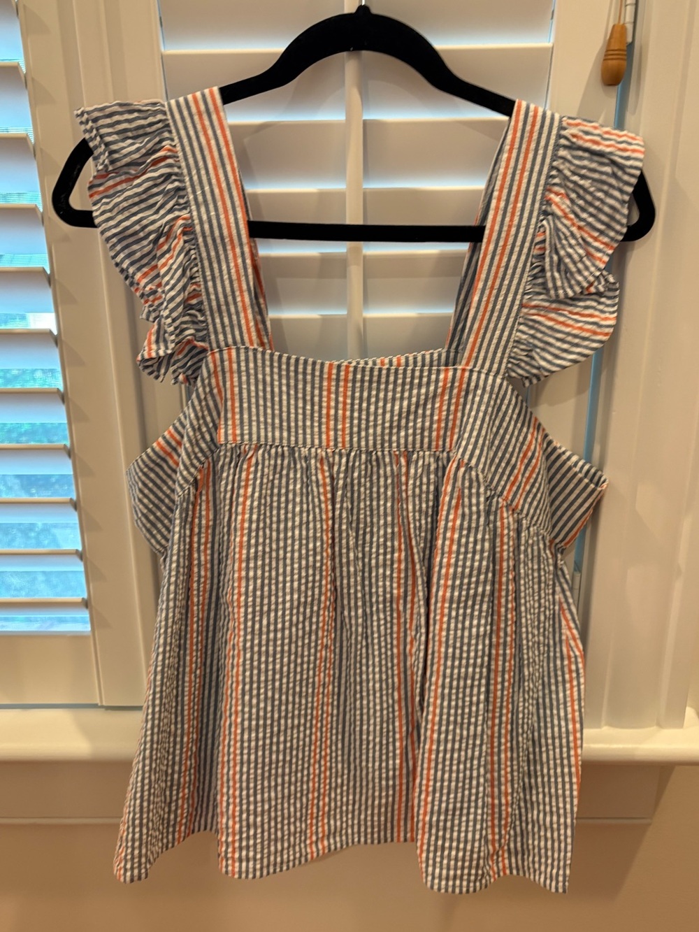 crown & ivy Striped Ruffle-Sleeve Square-Neck Top in Blue and Orange